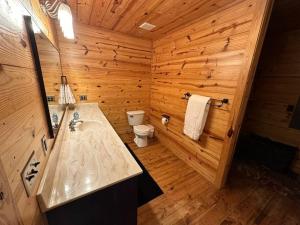 a wooden bathroom with a sink and a toilet at Hillside Hideaway in Longview