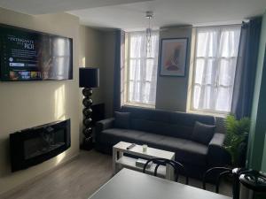 a living room with a couch and a tv at Appartement 3 - Hyper centre - 1 à 4 personnes in Douai