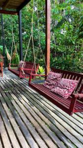 a hammock on a deck with a swing at Amazona Lodge in Leticia