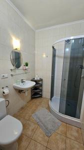 a bathroom with a shower and a toilet and a sink at Best Two Room Apartment in Mukacheve +62 photos