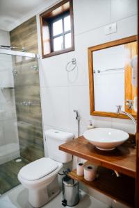 a bathroom with a toilet and a sink and a mirror at Espaco Villa Verde LTDA in Ibiúna