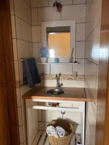 ein kleines Bad mit einem Waschbecken und einem Spiegel in der Unterkunft LOS CLAVELES in Federación