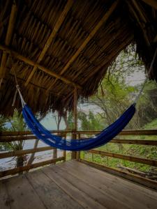 a blue hammock hanging from a thatched roof at Los Achiotes Hostal in Palomino