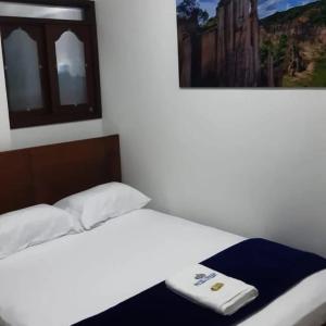 1 cama blanca en un dormitorio con una foto en la pared en Hotel Torrado, en Ocaña