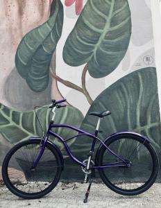 a purple bike parked in front of a mural at URBAN Penthouse FREE parking i rowery in Poznań