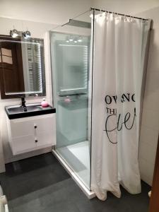 a bathroom with a shower curtain with the words owning the chef at Apartament Ustroń Jaszowiec in Ustroń