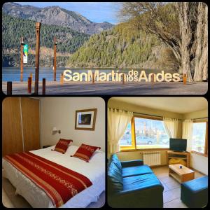 two pictures of a hotel room with a bed at Departamento Frente al Lago-San Martin de Los Andes in San Martín de los Andes