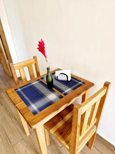 uma mesa de madeira com um vaso com uma flor em Chango's Apartments em Bocas del Toro