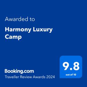 Sertifikat, penghargaan, tanda, atau dokumen yang dipajang di Harmony Luxury Camp