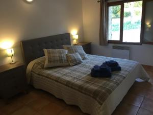 um quarto com uma cama com dois sacos em Le Chardon 1 em Baudinard