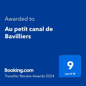 Majutusasutuses Au petit canal de Bavilliers olev sertifikaat, autasu, silt või muu dokument