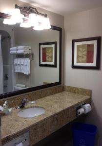 baño con lavabo y espejo grande en Country Inn & Suites by Radisson, Calgary-Northeast, en Calgary