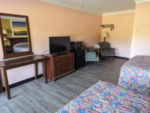 a hotel room with a bed and a desk with a mirror at TRAVELER'S INN in Smithfield