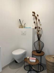 ein Badezimmer mit einem WC und einer Vase mit Blumen in der Unterkunft Warm apartment + private free park. in Vétraz-Monthoux + 16 Fotos