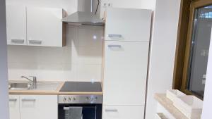 una cucina bianca con lavandino e frigorifero di Charming Apartment a Vienna