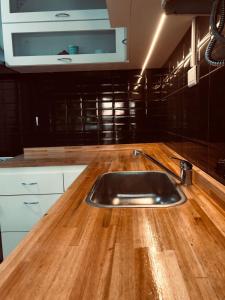 a kitchen with a sink and a wooden counter top at Pecan in Concepción del Uruguay