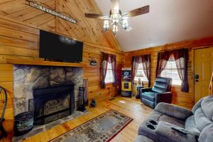 a living room with a fireplace and a flat screen tv at Pine Tree Lodge in Sautee Nacoochee