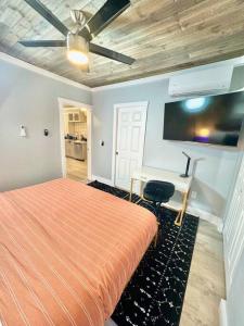 1 dormitorio con cama, escritorio y ventilador de techo en Little house on 47th, en Cleveland