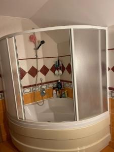 y baño con bañera y ducha. en Soukroma ložnice s terasou a pracovnou, en Praga