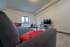uma sala de estar com um sofá e uma televisão em Chez Isa em Tournon-sur-Rhône