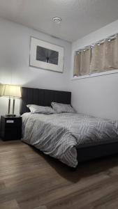 1 dormitorio con 1 cama y 1 lámpara en el suelo de madera en Modern 2 Bedroom Basement Suite at West Edmonton en Edmonton