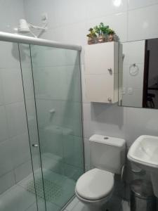 ein Badezimmer mit Toilette und Glasdusche in der Unterkunft Casa Toque das Bromélias in São Miguel dos Milagres