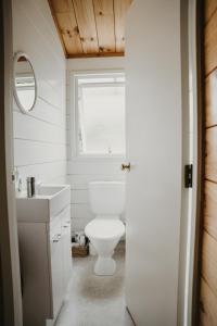 a bathroom with a white toilet and a sink at Tatahi Cove Back Packer in Hahei