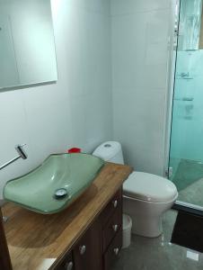 bagno con lavandino verde e servizi igienici di Flat charmoso na praia de Juquehy a São Sebastião
