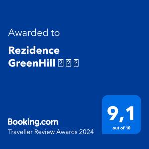 Ett certifikat, pris eller annat dokument som visas upp på Rezidence GreenHill ⃰ ⃰ ⃰