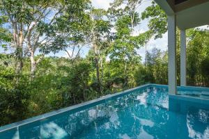 ein Schwimmbad in einem Haus mit Bäumen im Hintergrund in der Unterkunft El Jardin Lodge & Spa in Puerto Misahuallí