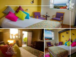 un collage de trois photos d'une chambre d'hôtel dans l'établissement Hotel Boutique La Casona de Don Porfirio, à Jonotla