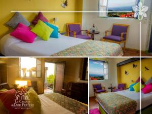 a collage of three pictures of a hotel room at Hotel Boutique La Casona de Don Porfirio in Jonotla