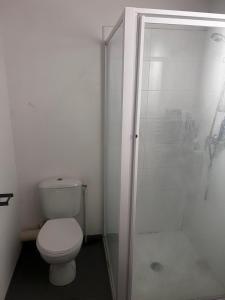 a white bathroom with a toilet and a shower at EFA in Villeurbanne