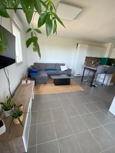 uma sala de estar com um sofá e uma mesa em Le Panoramique- Air conditioning terrace and parking! em Saint-Brès
