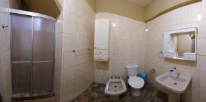 a bathroom with a toilet and a sink and a shower at Casa Yvy Pytã in Puerto Iguazú