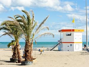 una spiaggia con due palme e una stazione di bagnino di Appartement 4 pers avec WIFI, animaux admis, parking privé - FR-1-409-142 a Narbonne