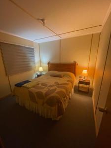 um quarto com uma cama e duas lâmpadas em duas mesas em Cabañas Porvenir Tierra del Fuego em Porvenir