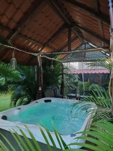 bañera de hidromasaje al aire libre en un pabellón con plantas en Pitangus Lodge en Chachagua