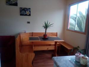 - un bureau en bois avec une plante en pot au-dessus dans l'établissement Departamento Puclaro, à Vicuña