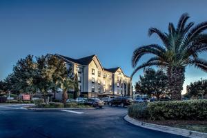 a parking lot in front of a building with palm trees at TownePlace Suites by Marriott Savannah Airport in Savannah