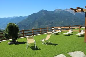 un gruppo di sedie sedute sull'erba con montagne sullo sfondo di Panoramic Apartments Lerinon a Saint Vincent