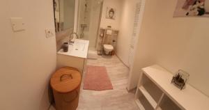 uma casa de banho com um WC, um lavatório e um espelho. em Chambre dans le centre historique em Bourg-Saint-Andéol