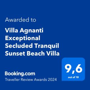 Certificate, award, sign, o iba pang document na naka-display sa Villa Agnanti Exceptional Secluded Tranquil Sunset Beach Villa