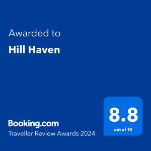 Un certificat, premiu, logo sau alt document afișat la Hill Haven