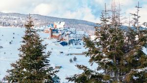 a town covered in snow with trees in the foreground at Monte Baia Uludağ - Full Board Plus in Uludag