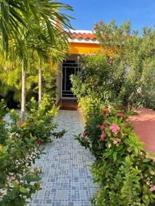 un chemin de jardin menant à une maison fleurie dans l'établissement Villa confortable para 5 pesonas, à Pedernales