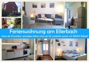 un collage de cuatro fotos de una sala de estar en Ferienwohnung am Ellerbach, en Hessisch Oldendorf