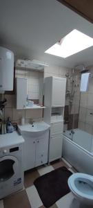 La salle de bains blanche est pourvue d'un lavabo et de toilettes. dans l'établissement Mokusnice, à Zenica