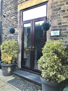 uma porta da frente de uma casa com dois vasos de plantas em Studio 77 - Central. Free on street parking. em Sheffield