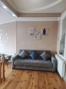 a living room with a couch and wooden floors at Old Tbilisi Rhymes in Tbilisi City